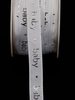 lint wit met zilveren letters baby - 12 mm breed - geboorte