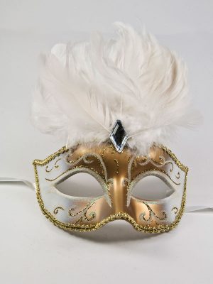 masker goud met witte veren