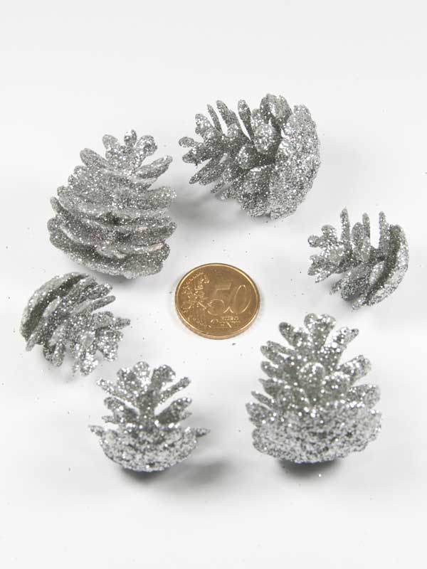 Glitter dennenappels - zilverkleur - mix groot en klein (38525) - Afbeelding 2