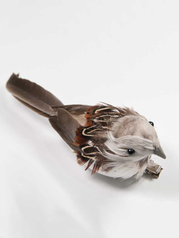 vogeltje op clip, licht grijs met bruin gestreepte mantel